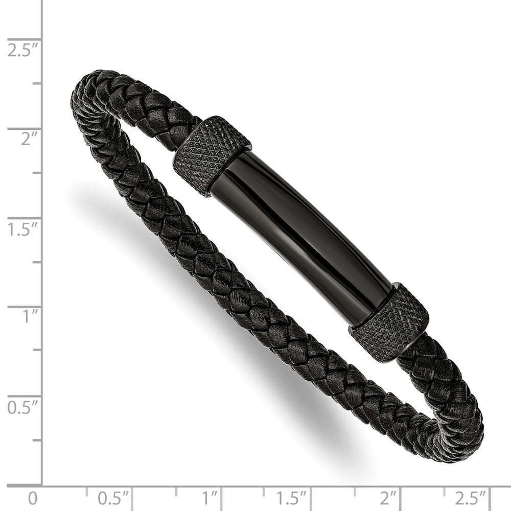 Diamond2Deal Stainless Steel Polished Black IP-Plated Black Braided Leather Bracelet for Men 8.25"