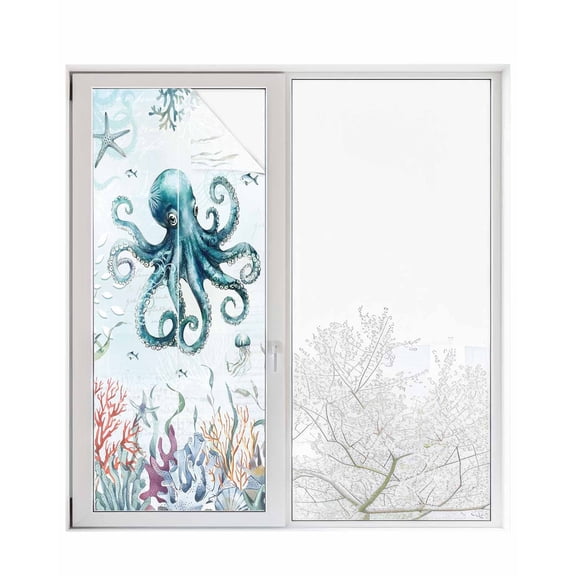 Window Privacy Film Teal Octopus Coastal Stained Glass Window Film Decorative Sun Block Window Cover Summer Beach Ocean Coral Nautical Window Clings Static Adhesive Sticker for Bathroom 29.5"x78.7"