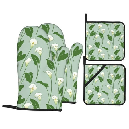 

Oven Mitts and Pot Holders Sets 4 pcs - Beautiful Calla Lily Flowers Heat Resistant Silicone Oven Gloves with Non-Slip Silicone Surface and hot pads for kitchen Baking Cooking BBQ