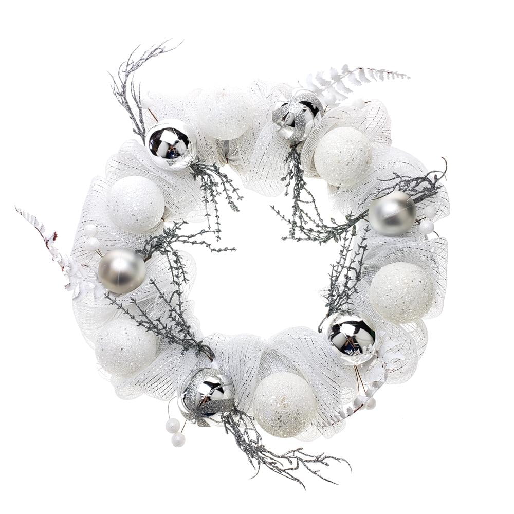 Decorated Mesh Ribbon Glitter Twigs Christmas Wreath, Silver, 21Inch