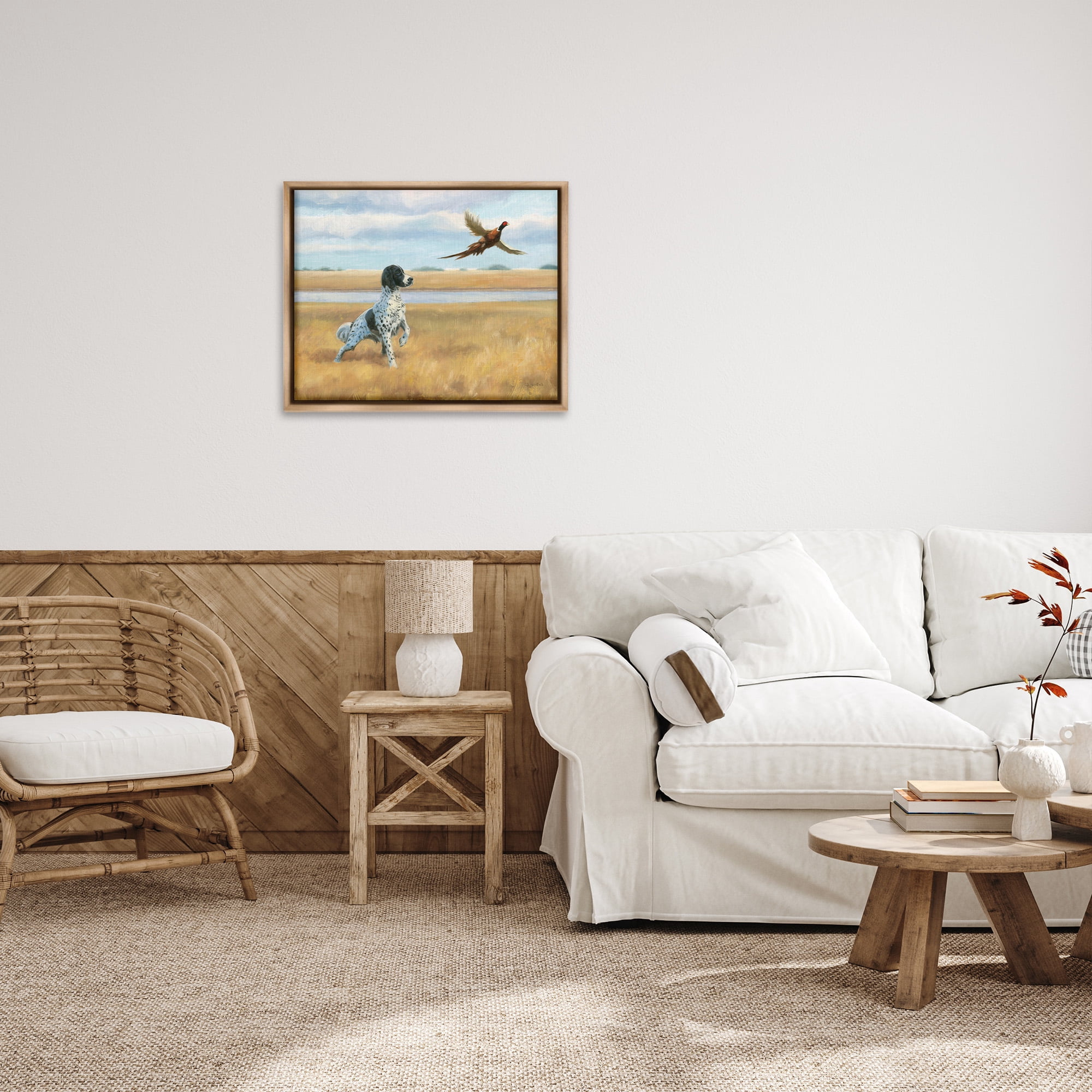 Stupell Industries Pointer Dog & Pheasant Animals & Insects Painting Brown Floater Framed Canvas Art Print Wall Art, 31 x 25