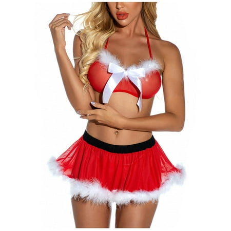 

GuessLookry 2023 Great Womens Christmas Women Plush Bowknot Christmas Lingerie Sets Temptation Babydoll Underpants Underwear Skirts Sleepwear Valentine Gift