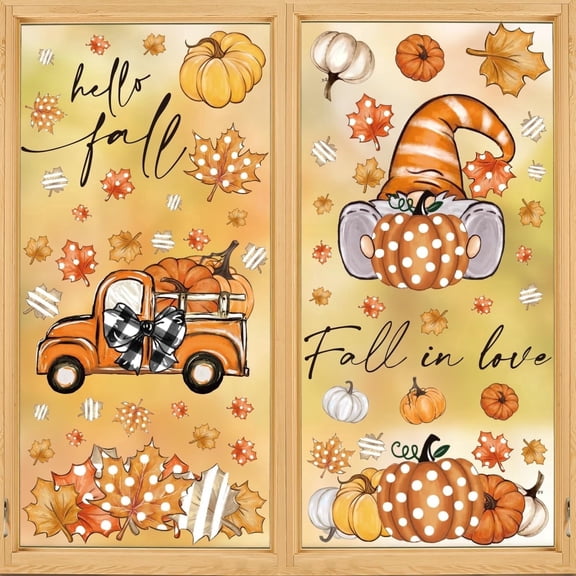 Smile 103 PCS Fall Window Cling Sticker 8 Sheet, Thanksgiving Autumn Harvest Orange Pumpkin Gnome Truck for Home Party Supplies Shop Window Glass Display Decoration