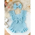 thumbnail image 2 of Suealasg Newborn Baby Girl 2Pcs Summer Outfits Lace Sleeve Round Neck Ruffle Romper with Headband Set Infant Birthday Photoshoot Clothes 0-18 Months, 2 of 8