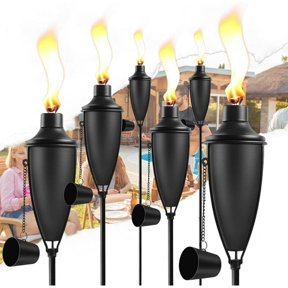 Set of 6 Home Garden Torches - 22oz Large Capacity, 61-Inch Metal, Easy - Refill Citronella, 3-Prong Stake for Patio/Party