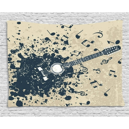 Modern Tapestries Collection Modern Tapestry, Acoustic Guitar on Retro Murky Background with Music Notes Melody Illustration, Wall Hanging for Bedroom Living Room Dorm Decor, 60W X 40L Inches, Beige Dark Blue, by Ambesonne ()