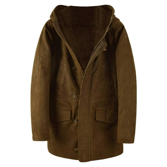 Men's Winter Warm Suede Lined Trench Coat Windbreaker Hooded Jacket For Big And Tall With Thick Button Zip Closure