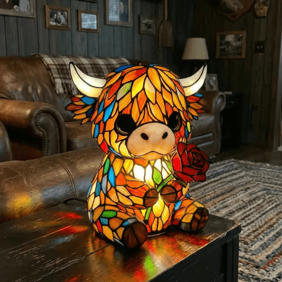 Highland Cow Rose Lamp, Stained Glass Handmade LED Decor Night Light, USB Portable Lamp for Bedroom Shelf Decoration, Premium Birthday Housewarming Gift-Highland Cow Rose Lamp