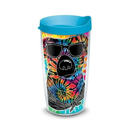 

16 oz Tie Dye Dog with Sunglasses Tumbler with turquoise Lid