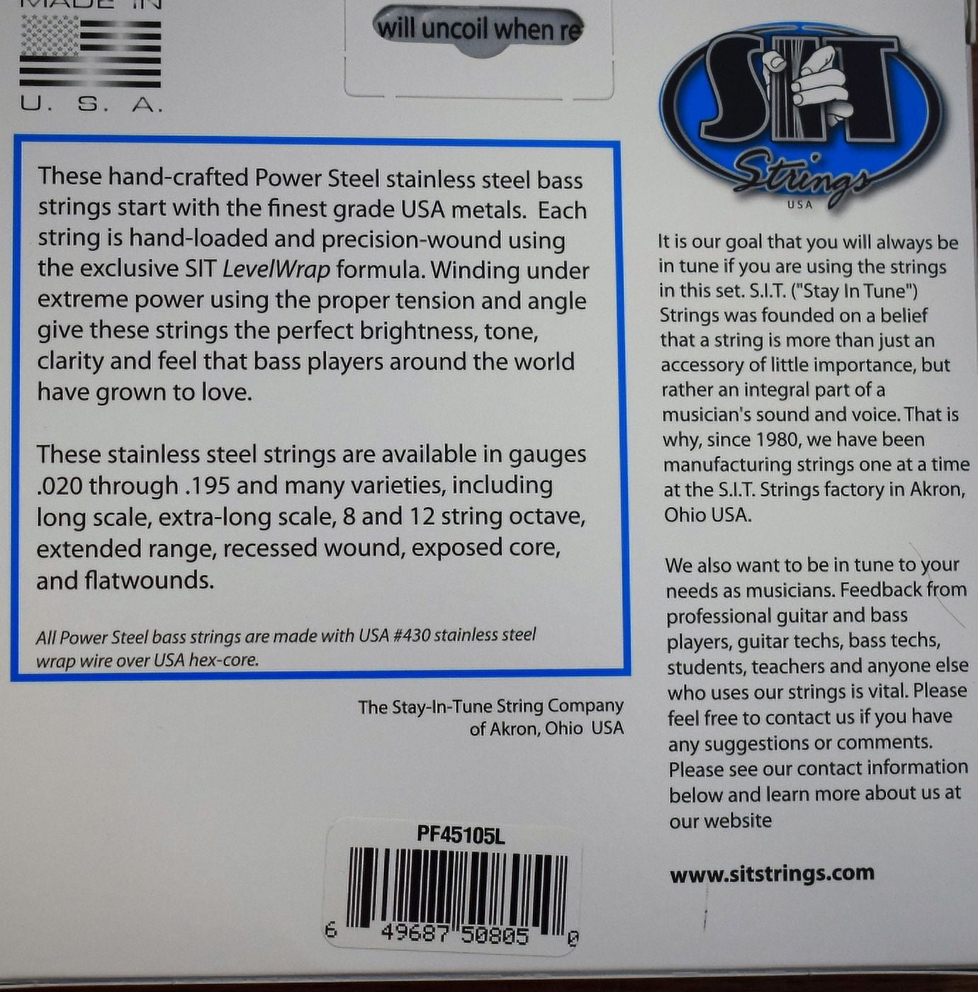 SIT Strings PF45105L Light Power Flat Flatwound Bass Strings