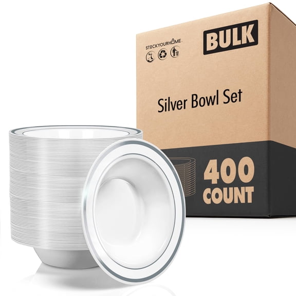 Stock Your Home Plastic Party Bowls (400 Pack) 12 Oz Elegant Disposable Dinnerware – Fancy Shatterproof Tableware for Catering, Holidays, Party Supplies, Weddings & Everyday Use (Silver)