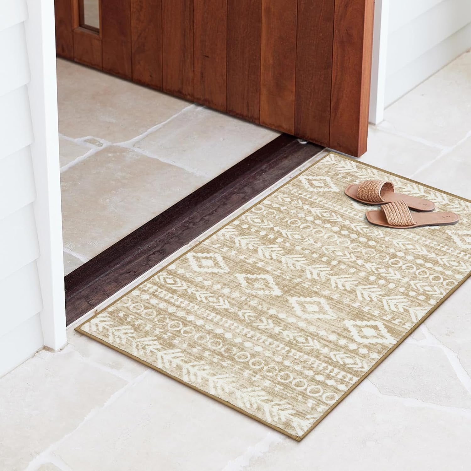 Moynesa 2'x3' Moroccan Entryway Rug,Khaki Boho Rugs for Entryway Non-Slip Washable Small Area Rug,Farmhouse Soft Geometric Kitchen Rug Low-Pile Indoor Door Mat Throw Rugs for Entrance Front Door