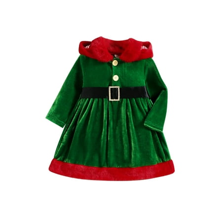 

Gwiyeopda Toddler Baby Girls Christmas Velvet Dress Long Sleeve Button Front Contrast Color Hooded Dress