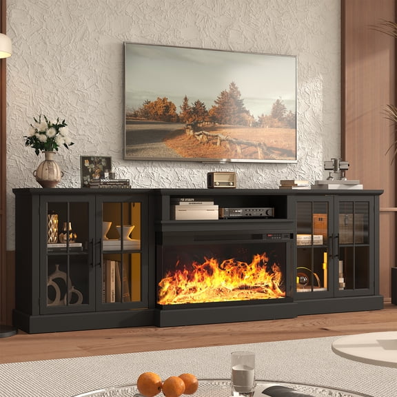 Sonegra 98" Farmhouse TV Stand with Fireplace for TVs up to 100", Media Entertainment Center with Adjustable Shelves and Large Storage Cabinets, for Living Room, Black