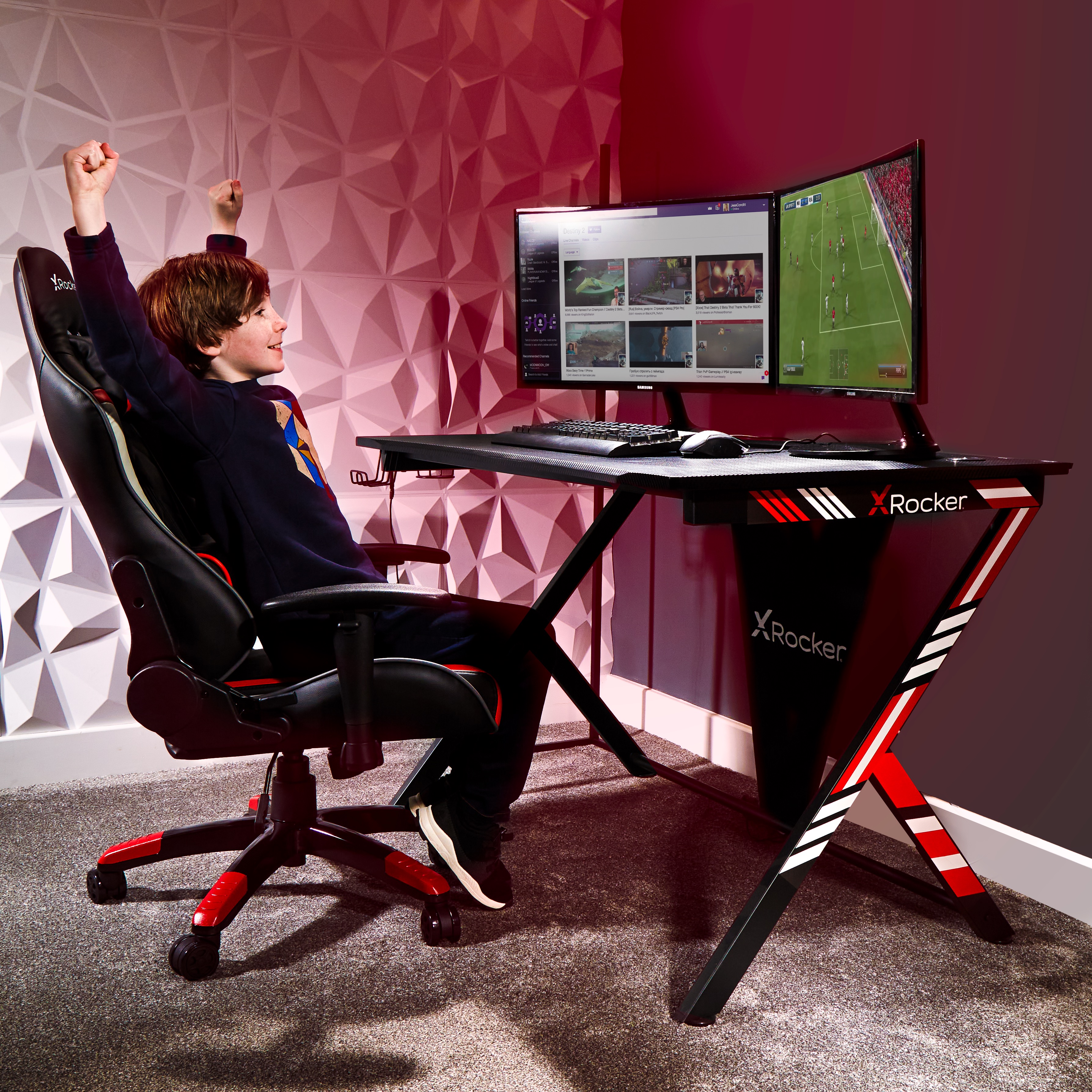 X Rocker Ocelot Modern Gaming Desk, 45.28 x 28.94 x 30.31, Red/White