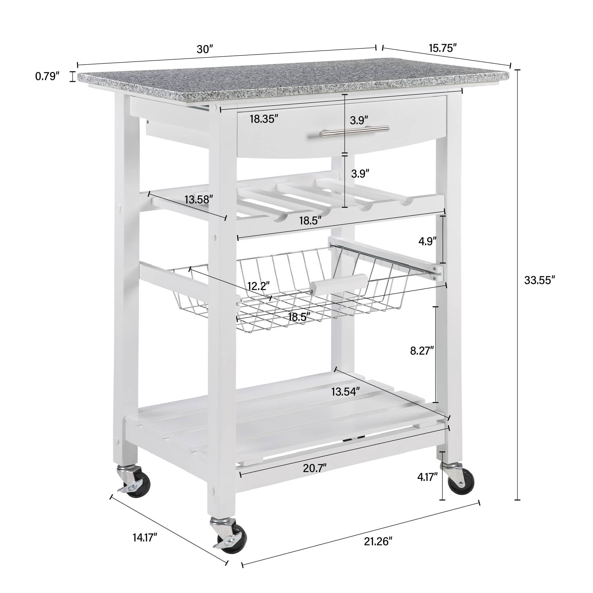 Rolling Kitchen Island Serving Cart with Underneath Drawer & Slide-Out Wire Storage Basket