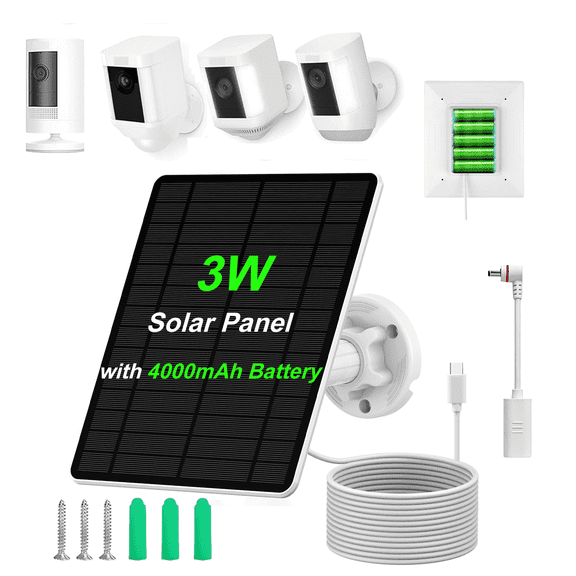 3W Solar Panel for Battery Security Cameras and Video Doorbells, Built-in 4000mAh Rechargeable Battery, 13ft Cable with Type-C & DC Adapters, IP65 Waterproof Outdoor Solar Charger