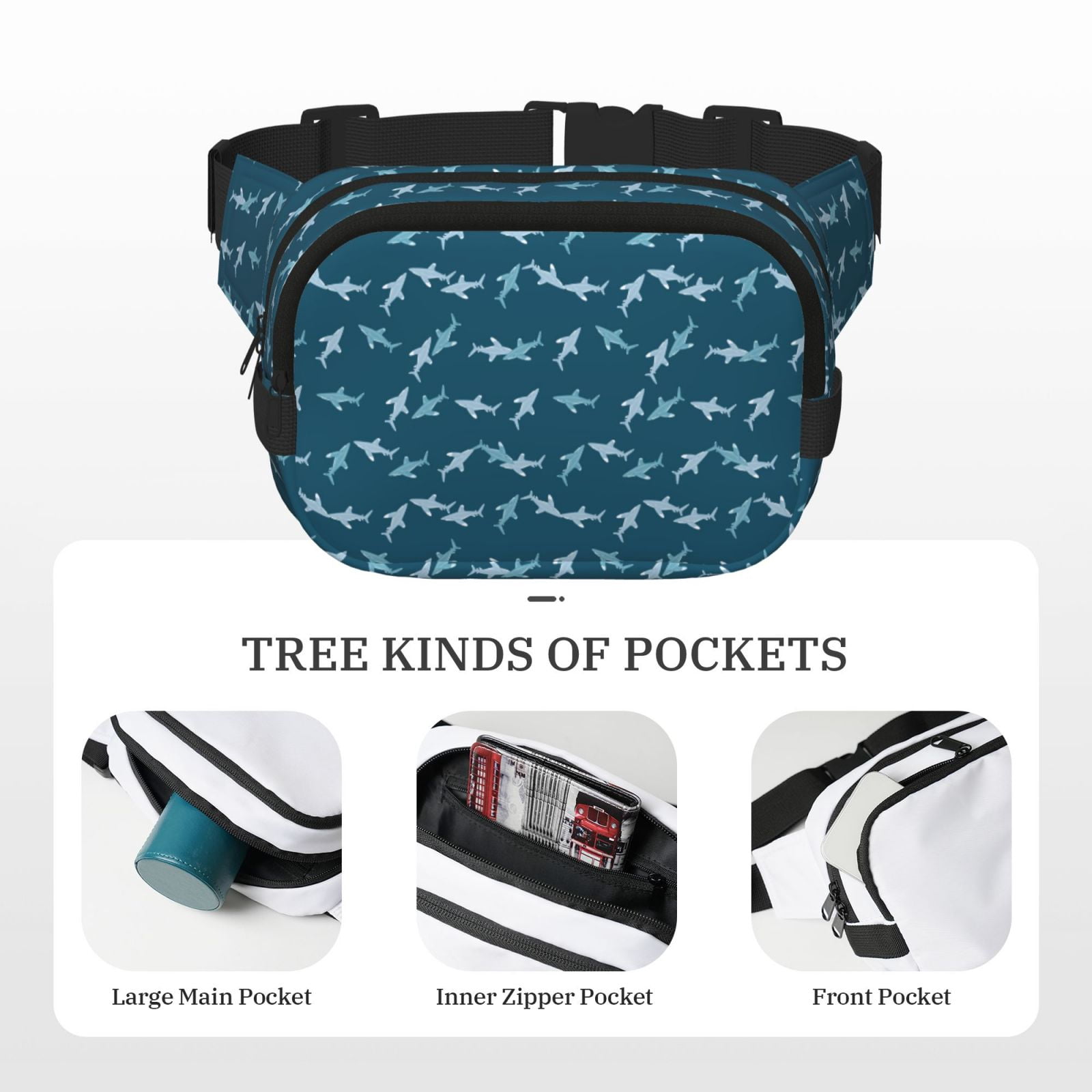 Fuzoiu Cute Shark Print Unisex Square Double Layer Waist Bag,Crossbody Fanny Pack Travel Workout Accessory