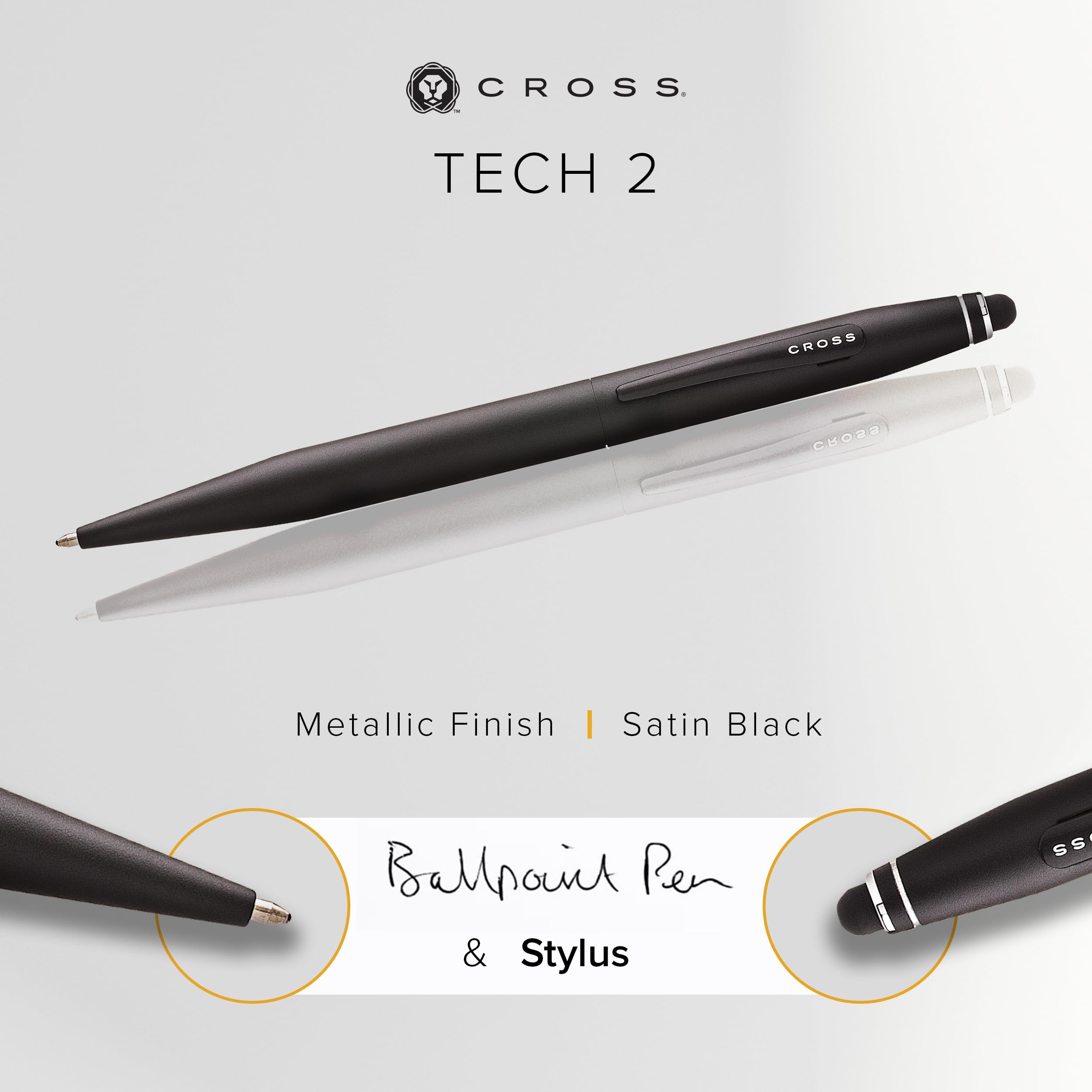 Cross Tech2 Refillable Ballpoint Pen, Medium Ballpen With Stylus, Includes Premium Gift Box - Satin Black