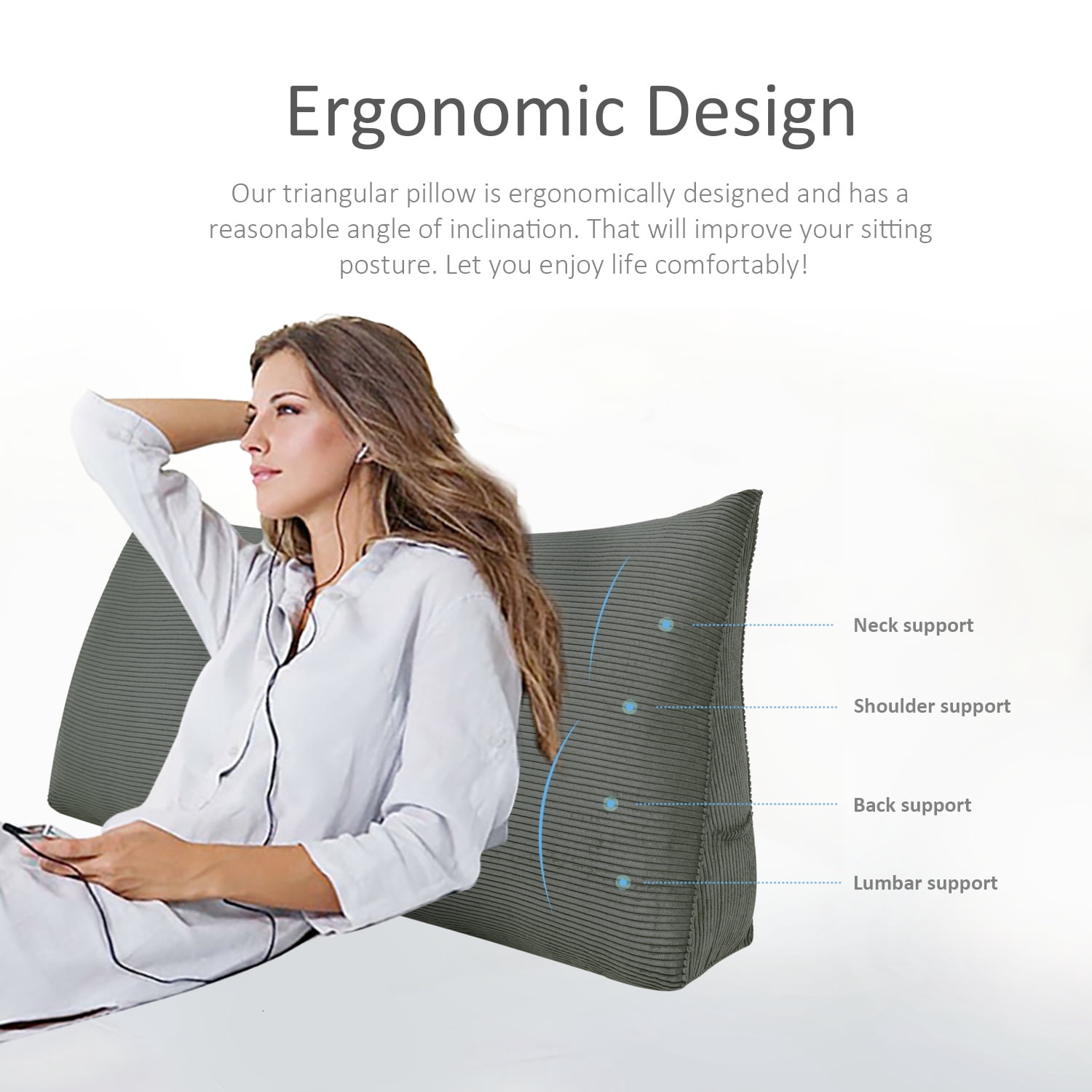 WOWMAX Large Reading Bed Wedge Pillow , Triangular Upholstered Headboard, Backrest Back Support for Sitting Up in Bed With Removable Corduroy Grey Cover, California King