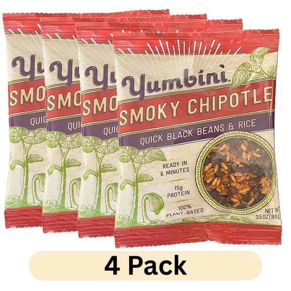 (4 pack) Yumbini Smoky Chipotle Quick Black Beans and Rice Dry Mix, Vegan, Gluten-Free, 3.5oz, Lightweight, Shelf Stable Pouch