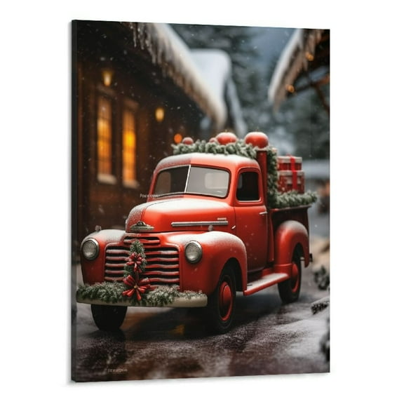 Creowell Christmas Canvas Wall Art Prints Red Truck Tree Picture Snowy Landscape Winter Scene for Holiday Decor, Watercolor, Wall Decor 16x20 Inch