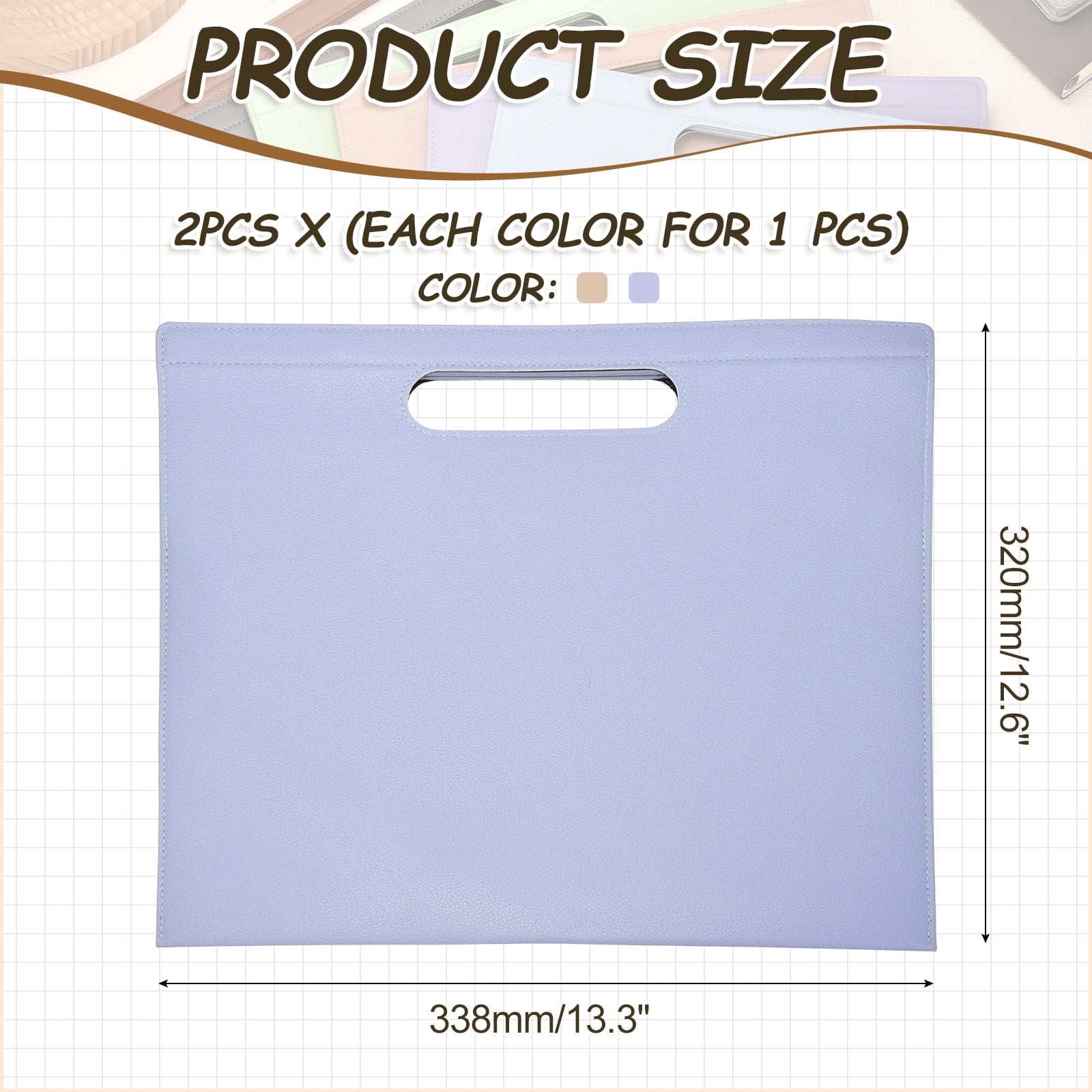 Uxcell 2Pcs PU Leather A4 File Folder, 13.3x12.6" Waterproof Document Organizer Textured Portfolio Folder Case Portable Briefcase Carrier with Magnetic Closure for Office, Purple, Khaki