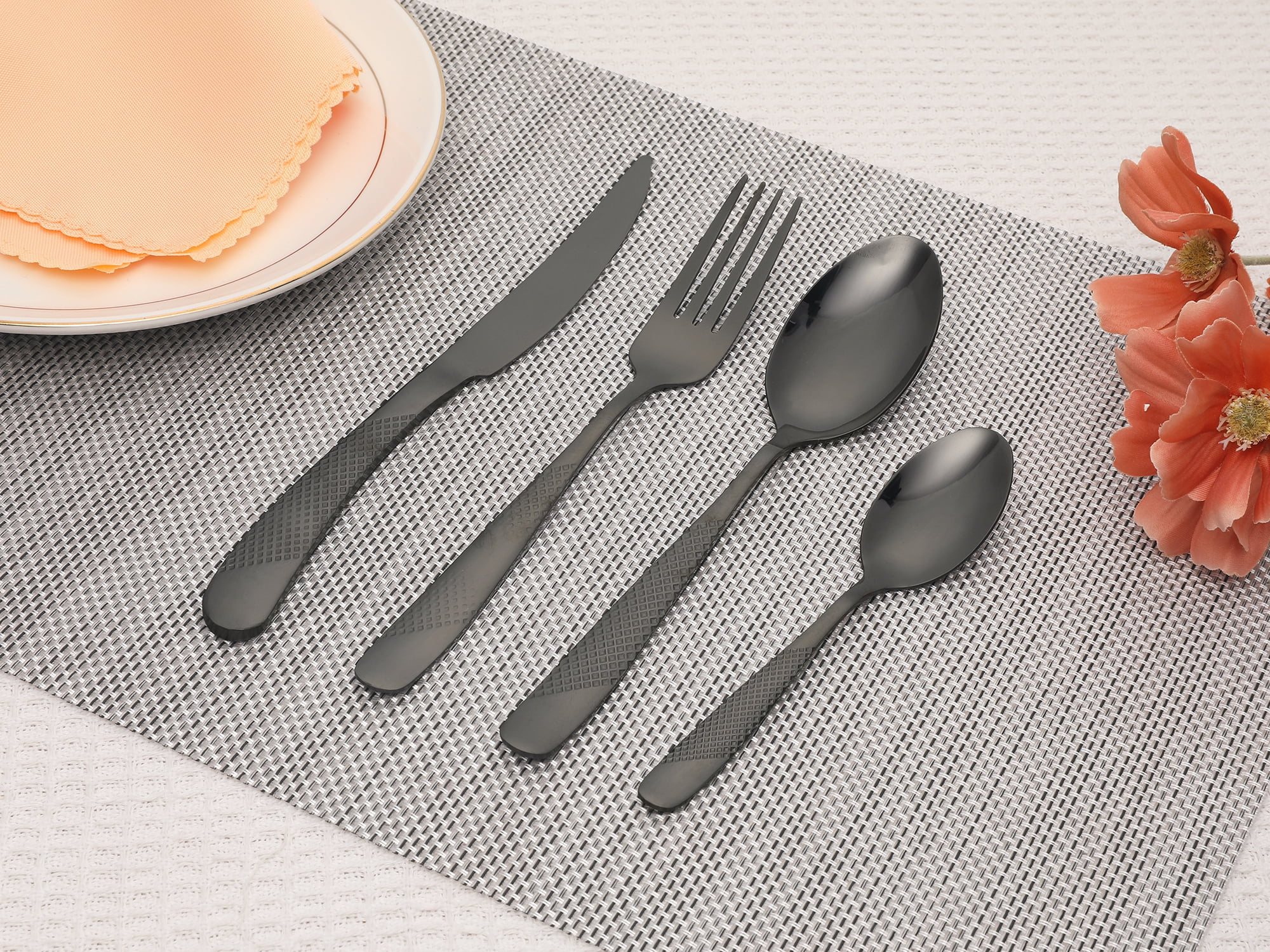 Unique Bargains Stainless Steel Flatware Set Black 24 Pcs