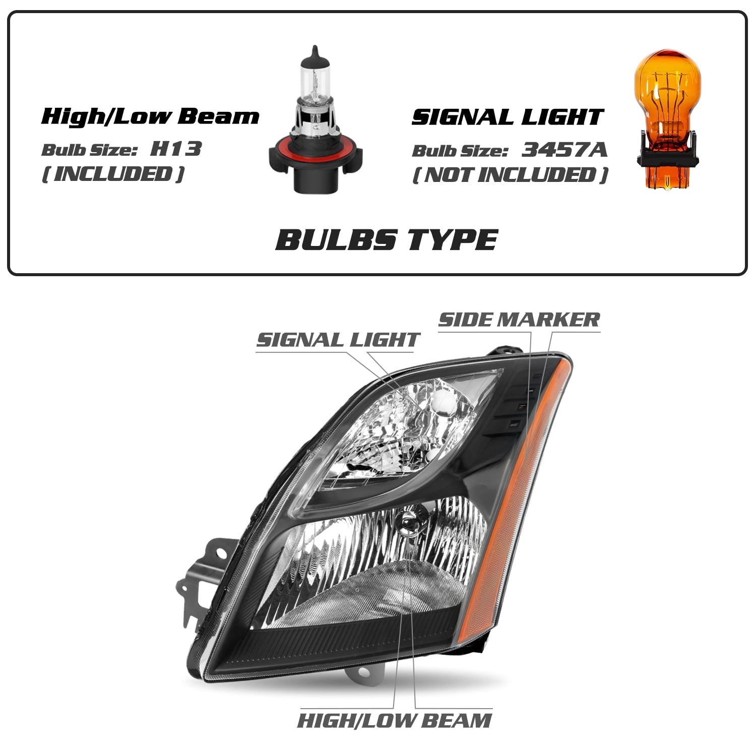 For 2010 2011 2012 Nissan Sentra Black Housing Amber Corner Headlights Lamps L+R