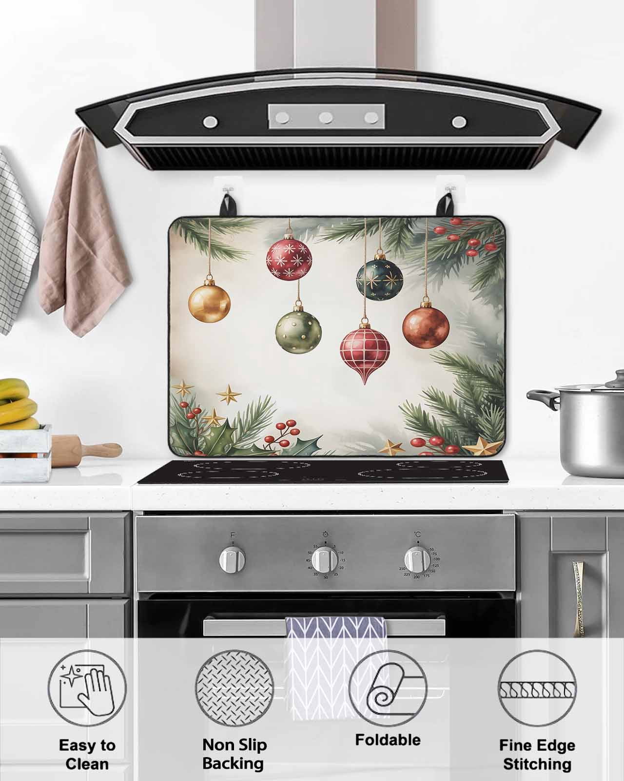 Large Induction Cooktop Protector Mat Christmas Stove Top Covers for Electric Stove, Winter Colorful Xmas Balls Star Pine Needles Decorative Stove Burner Cover Mats, Glass Top Stove Cover