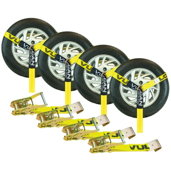 VULCAN Car Tie Down - Flat Hooks - Lasso - 2 inch x 96 inch - 4 Pack - Classic Yellow - 3300 Lbs SWL