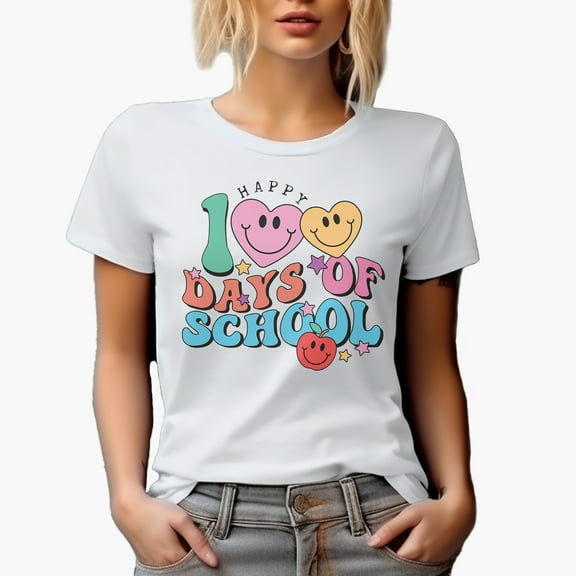 Distressed Happy 100 Days of School - 90s Retro Wavy Text Art Merch Gift, White T-Shirt, Small