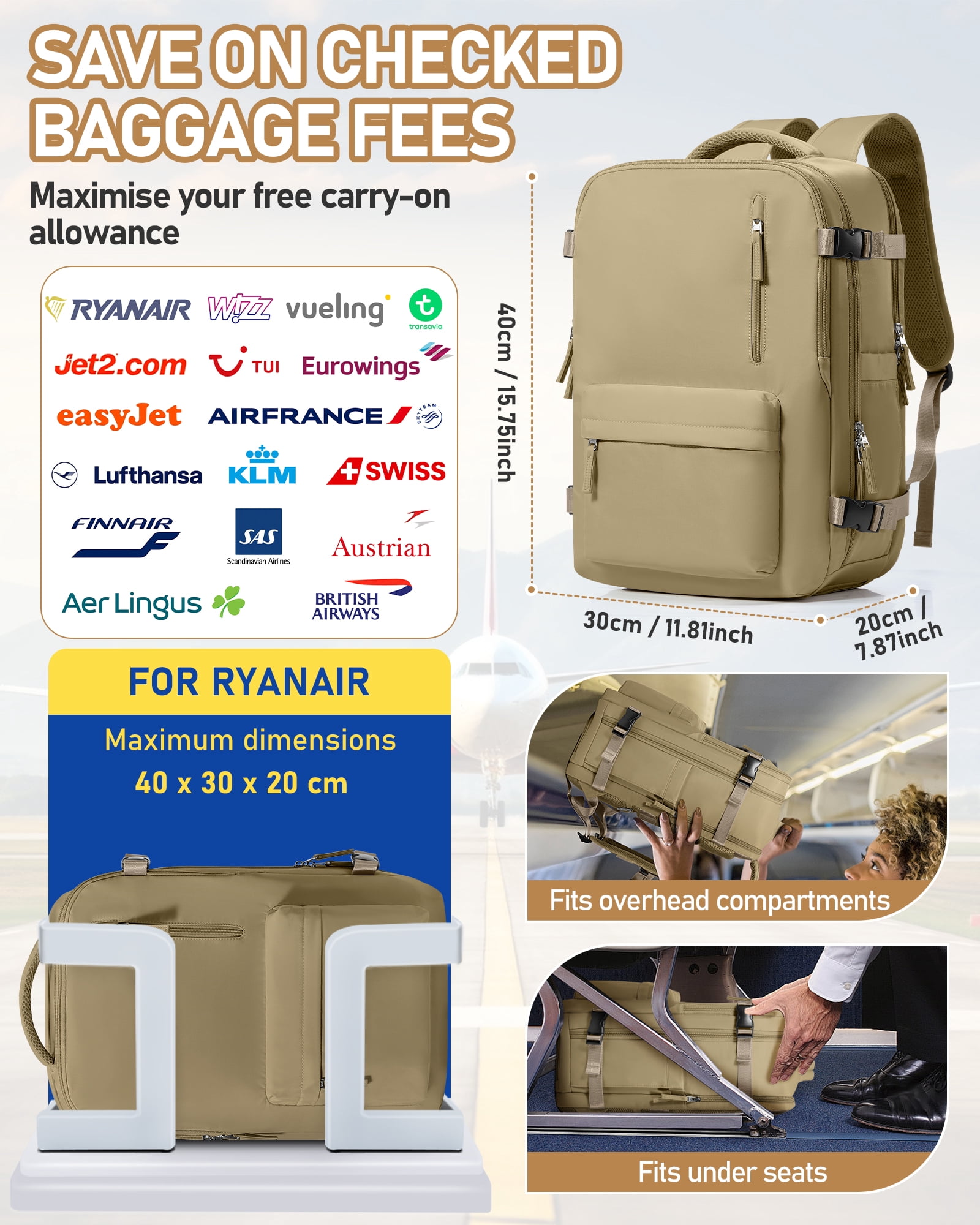 SYCNB Large Air Seal Travel Backpack for Men & Women, Airline Approved Vacuum Compression, Water-Resistant with Pump & Usb Port, 16 inch Laptop, Khaki