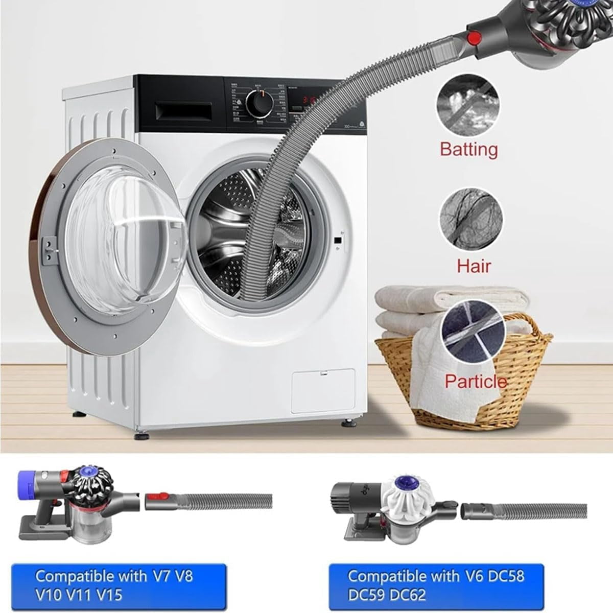 Dryer Vent Cleaner Kit for Dy*son V15 V12 V11 V10 V8 V7 Gen5 V6 DC58 DC59 Vacuum Cleaner, Vacuum Attachment Vent Lint Remover Hose, with Flexible Crevice Brush