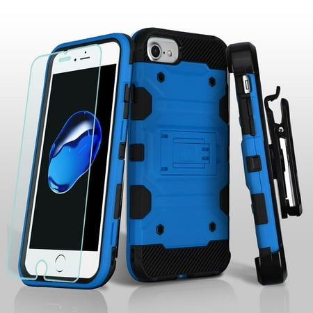 iPhone 8 Case, iPhone 7 Case, by Insten 3-in-1 Storm Tank Hybrid Heavy Duty Shockproof Case (with Holster Belt Clip Kickstand Glass Protector for iPhone 8 / 7 / 6s / 6 [Military-Grade] - Blue/Black