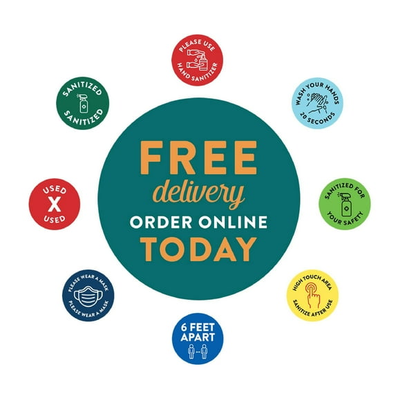 Koyal Wholesale Social Distancing Free Delivery, Order Online Today Business Signs, 50-Pack, Vinyl Sticker Decals