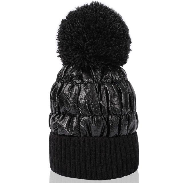 Gorro de invierno bonito para mujer, forro polar cálido, puños de pompones metálicos brillantes, gorro de punto con calavera, negro
