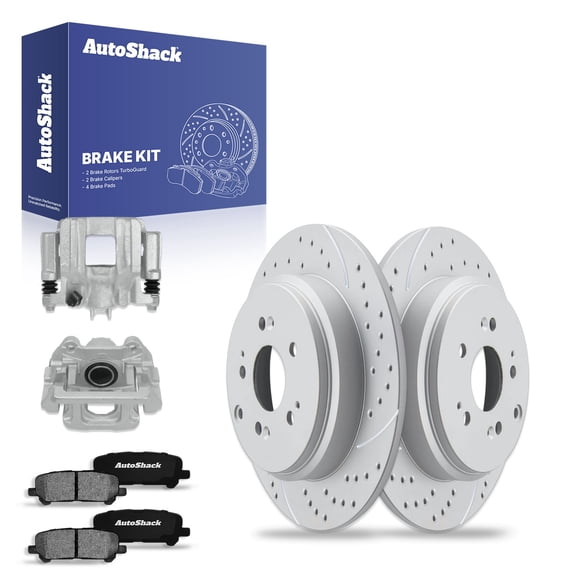 AutoShack Rear Drilled & Slotted Brake Rotors Ceramic Brake Pads Calipers | Replacement for 2007-2013 Acura MDX 2010-2013 ZDX 3.7L V6 AWD | Silver Matte Finish | 8-PC Brake Kit | TurboGuard