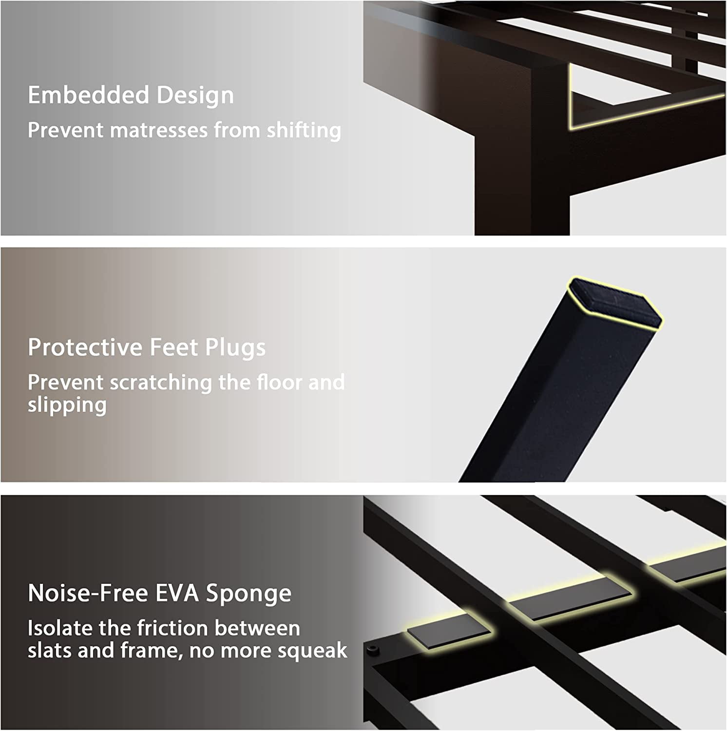 Honfach Queen Size Metal Platform Bed Frame with Faux Leather Upholstered Button Tufted Headboard, Mattress Foundation with 12” Storage, Steel Slats SupportNo Box Spring Needed, Easy Assembly, Black