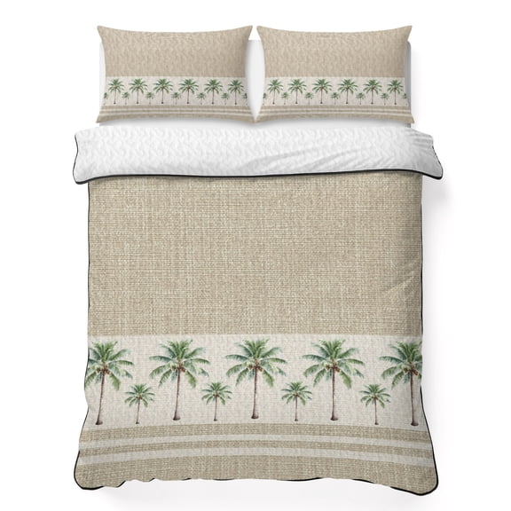 Quilts Twin Size Bedding Set, Coastal Palm Trees Lightweight Quilted Comforter, Sumemr Tropical Rustic Burlap Soft Reversible Bedspread Coverlet with Pillow Covers for All Season, 68" x 86"
