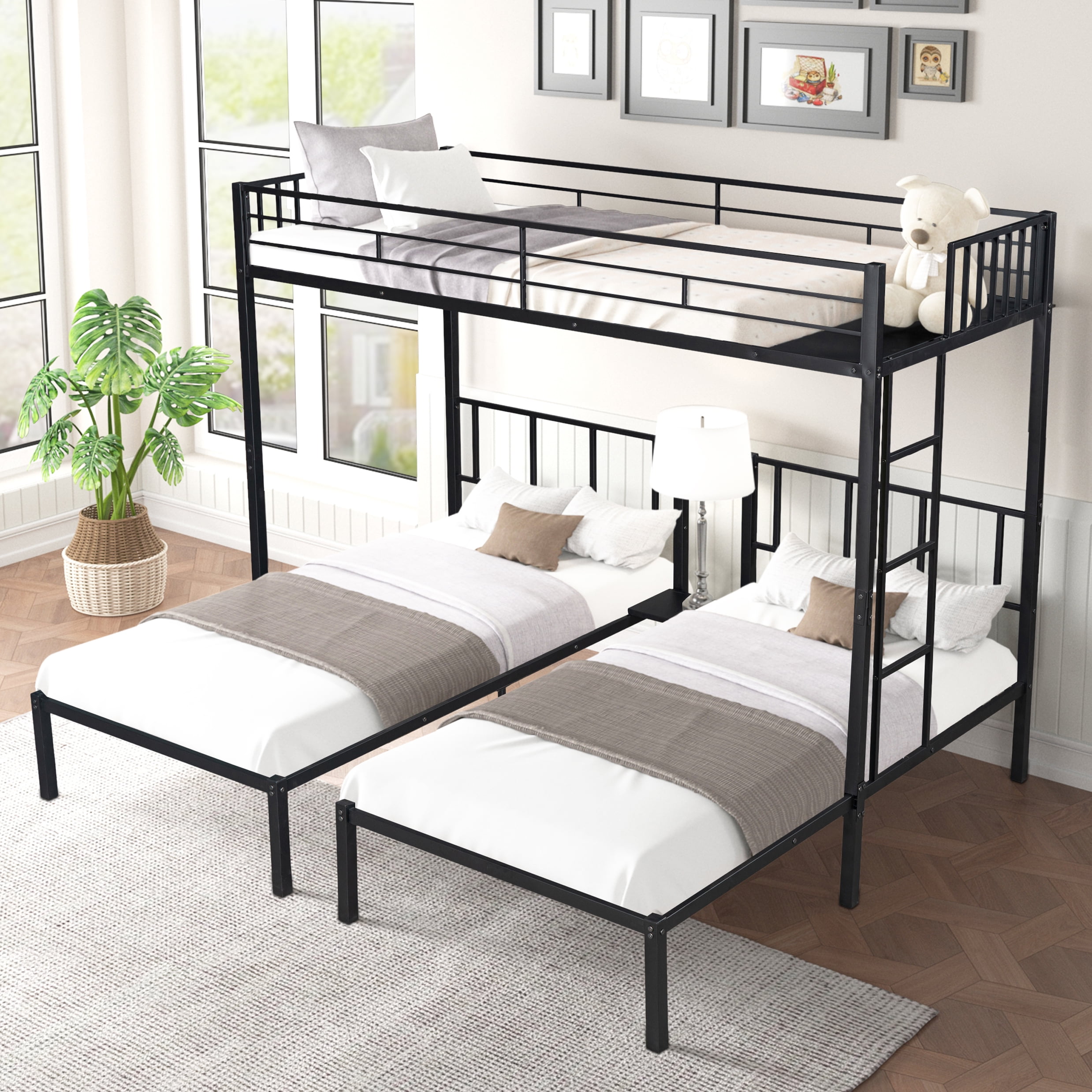 Black Metal Triple Bunk Bed Frame, Kids Bedroom Furniture Bunk Bed with Ladders, Sturdy Slat