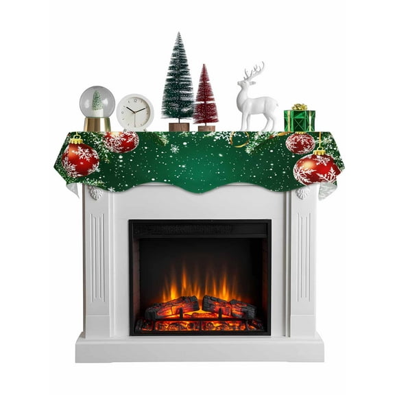 Christmas Green Mantel Scarf Fireplace Decorations for Living Room, Winter Gold Star Red Xmas Balls Snowflake Fireplace Mantel Scarf Cover Runner for Halloween/Thanksgiving/Christmas Decor 60"x17"