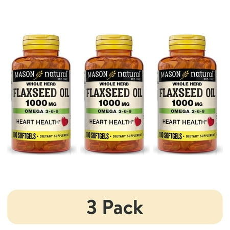 (3 pack) Mason Natural Flax Seed Oil 100 Softgels - Omega 3-6-9, Healthy Heart and Immune System