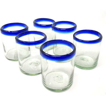 Dos Sueños  Hand Blown Mexican Drinking Glasses - Set of 6 Tumbler Glasses with Cobalt Blue Rims (10 oz each)