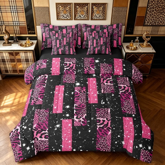 Manfei Glitter Leopard Print Twin Bedding, Old Fashion Abstract Bedding Comforter Set, Pink Black, Black Reversible, 7-Piece