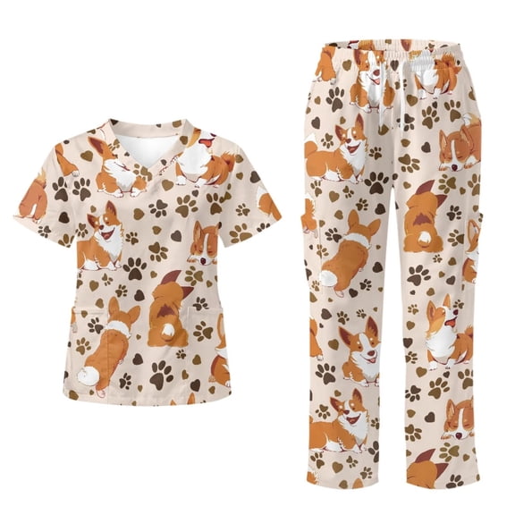 Yspwyqan Corgi Paw Print Scrubs for Women Set, 2 Piece V-Neck Short Sleeve Scrub Top & Cargo Pants, Stretchy Breathable Uniforms with 6 Pockets for Nurse Vet Work, Size S