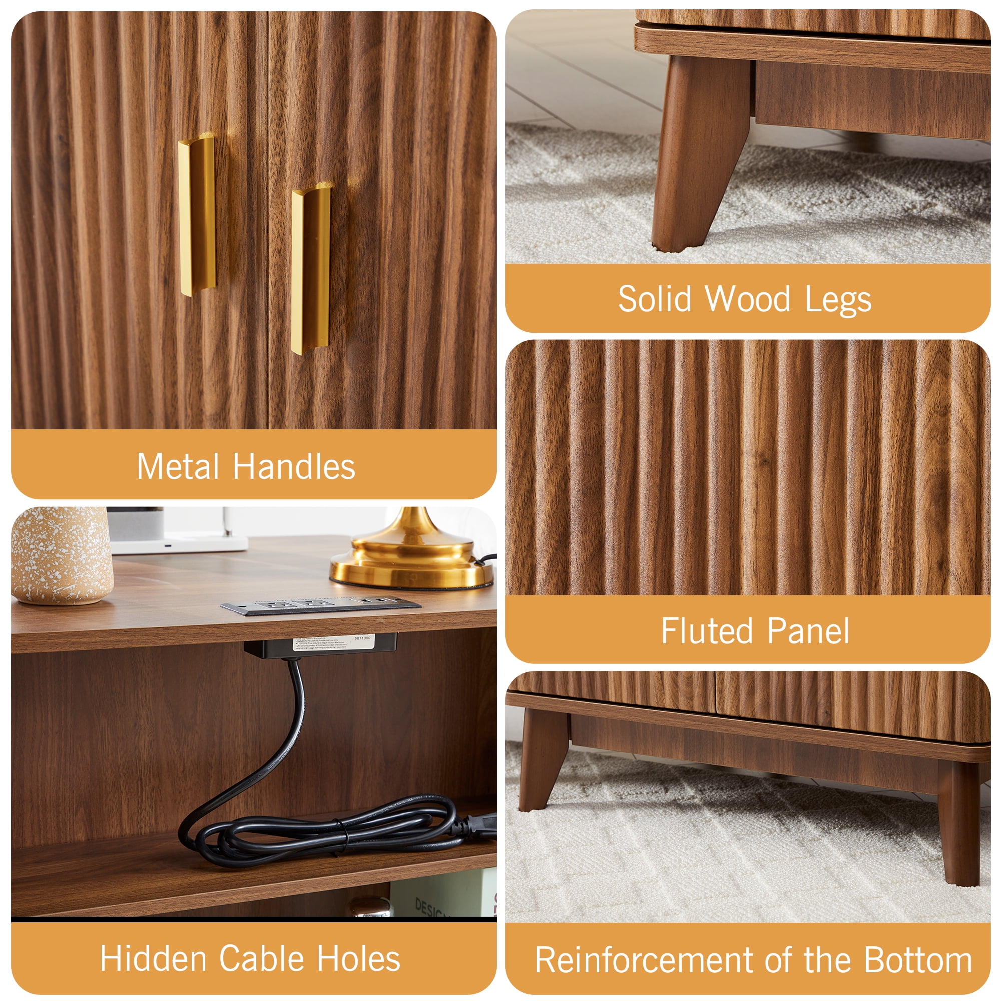 YOCWO Fluted Square Nightstand with Charging Station for Bedroom, Wood End Table with 2 Door for Living Room, Walnut