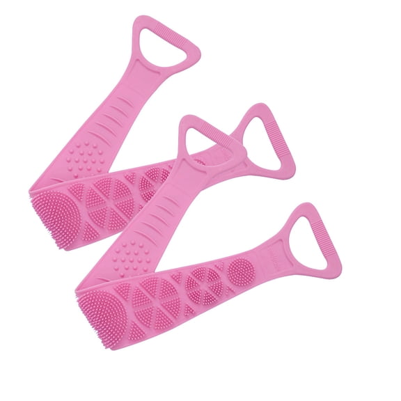2PCS Dual-Sided Silicone Body Scrubber Brush (26.8x4in) - Exfoliating Back & Foot Cleaner, BPA-Free for Sensitive Skin, Long Handle Shower Brush with Hanging Hook Pink