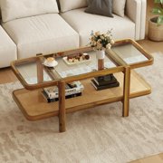 LYH Rattan Coffee Table, 47.5" Rectangle Solid Wood Tea Table w/Tempered Glass Tabletop & PE Rattan Storage Shelf, 2-Tier Boho Coffee Tables, Farmhouse Rustic Center Table for Living Room Office
