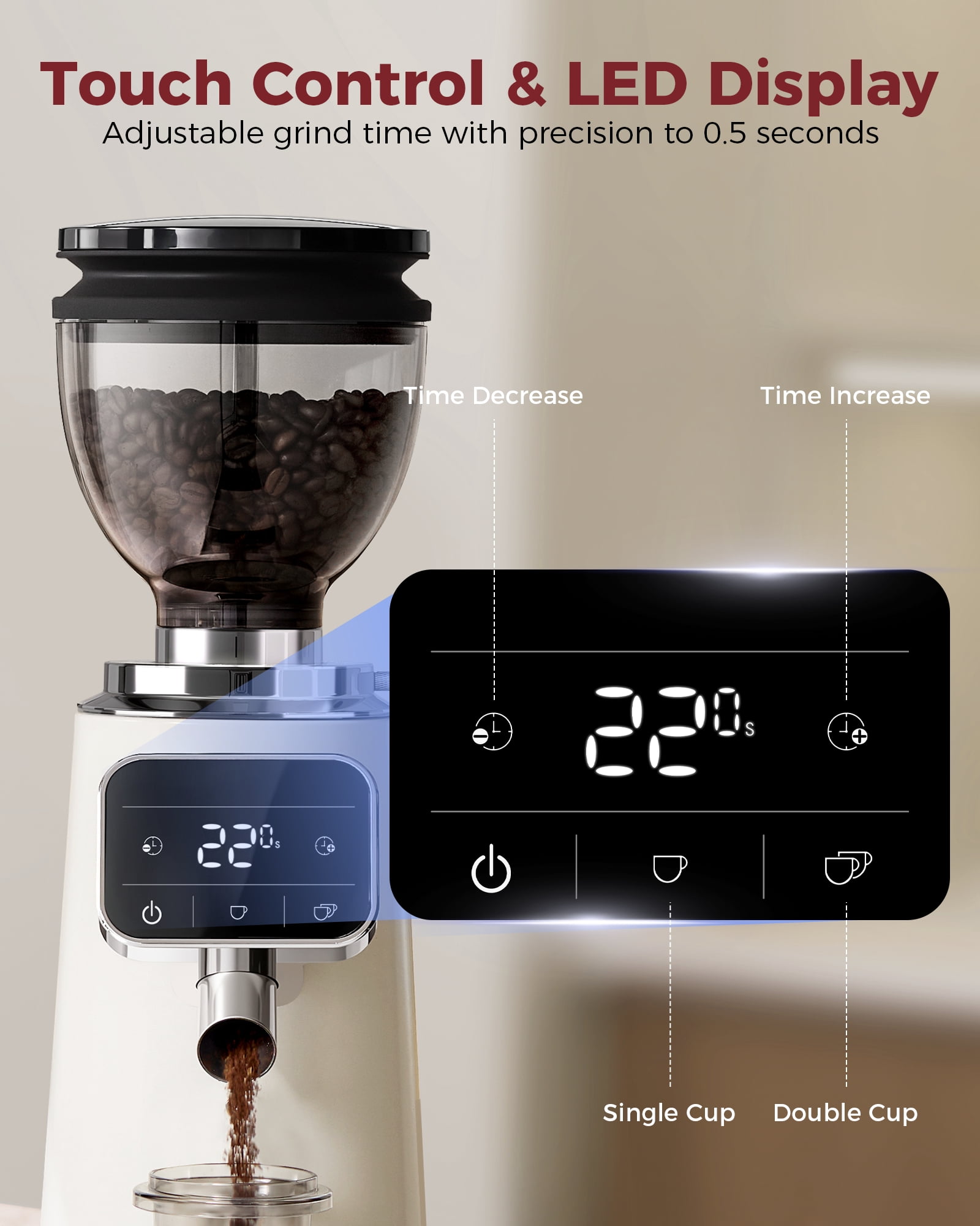 Tuni G3 64mm Flat Burr Coffee Grinder, 100 Grind Settings Electric Espresso Grinder with Single Dose Set | Commercial Grade Precision, Touchscreen | Anti-Static Tech | Stainless Steel (Ivory)